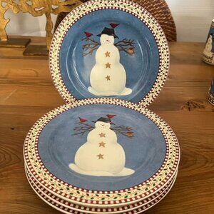 Sakura Holiday Snowmen Salad Plates 8" Set of 4 Deborah Mumm Vintage Christmas